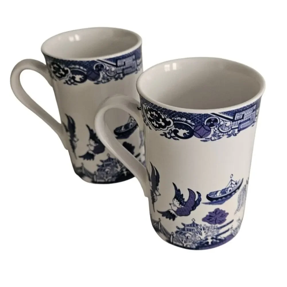Royal Cuthbertson Blue Willow Mugs Set of 2 Blue White China